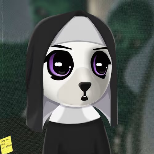 A digital illustration of a cartoon dog with large purple eyes, styled like a CryptoPunk NFT, is shown. In the bottom left corner, a small yellow sticky note reads "Come see Punk 7 and #fakenews". The image appears to be a custom CryptoPunk-style collectible gift from CryptoKid626.