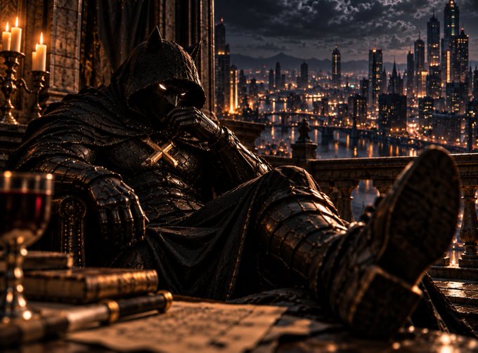 A hooded, armored figure in a dark cowl mask sits contemplatively with boots propped up on a desk surrounded by books and wine, overlooking a glittering cityscape at night. The image echoes the "Gm fam" post's message of perseverance, embodying the quiet strength of pushing forward despite the chaos of the sprawling urban world beyond.