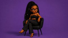 A 3D cartoon-style character with long dark hair and glasses, wearing all black, sitting casually in a black chair against a solid purple background.