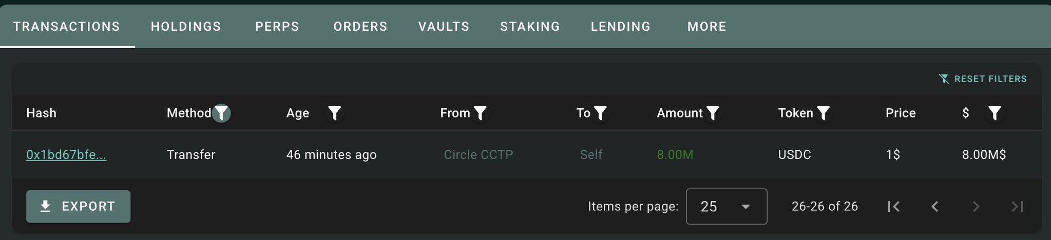 A dark-themed blockchain transaction explorer showing tabs (TRANSACTIONS, HOLDINGS, PERPS, ORDERS, VAULTS, STAKING, LENDING), with one transaction visible: a USDC transfer of 8.00M via Circle CCTP from Self.