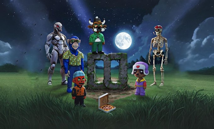 A digital illustration of various cartoon NFT-style characters including a robot, skeleton, pirate, and others standing in a grassy field at night under a full moon.