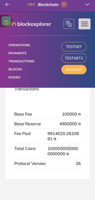 The image shows the Pi blockchain explorer on the mainnet tab, displaying key network metrics including a Base Fee of 100,000 π, Base Reserve of 4,900,000 π, Fee Pool of 99,140,202.620881 π, Total Coins of 10,000,000,000.0000000 π, and Protocol Version 26—directly supporting the post's confirmation that Protocol V26 is now live on Pi mainnet.