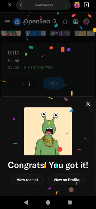 A mobile screenshot of OpenSea (opensea.io) showing a successful NFT minting confirmation for an "Anomalies" collection priced at $1.56, featuring a green cartoon frog character with a wide-open mouth wearing a gold chain. The pop-up reads "Congrats! You got it!" with options to view the receipt or view on profile, celebrating the user's recent mint achievement mentioned in the post.