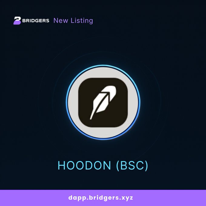 A dark promotional graphic with 'BRIDGERS New Listing' at the top, a circular logo with a white quill/feather icon, and the text 'HOODON (BSC)' with 'dapp.bridgers.xyz' at the bottom.
