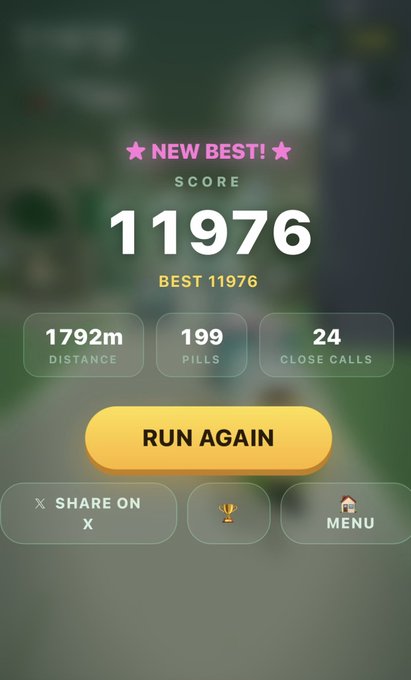 The image displays a "NEW BEST!" game results screen with a score of 11976, highlighting stats of 1792m distance, 199 pills collected, and 24 close calls, along with a "RUN AGAIN" button. It appears to celebrate a personal best score in the Cupsey.run game, tying into the congratulatory post for @CupseyToken.
