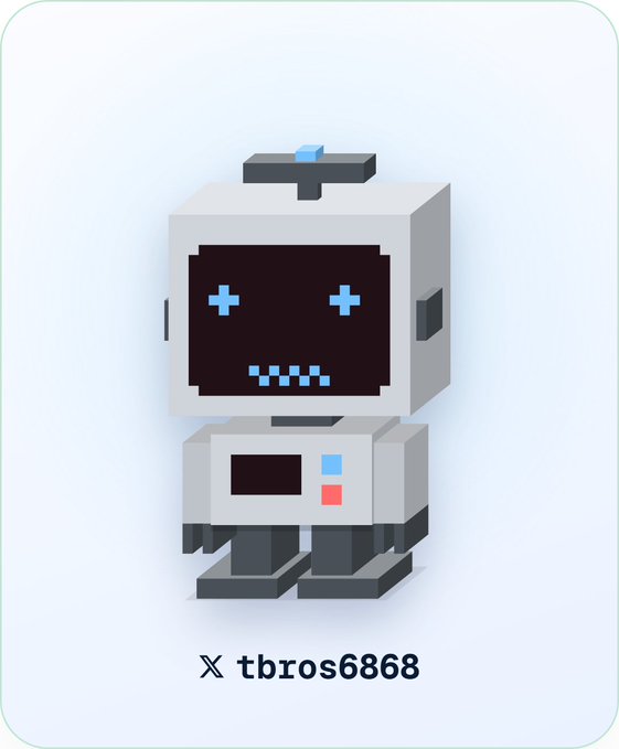 A pixel-art robot character with a blocky gray body, blue plus-sign eyes, and a toothy smile stands above the text "X tbros6868," suggesting a lighthearted mascot or avatar tied to the crypto mint announcement. The playful, mechanical design visually reinforces the post's tone about Conso XYZ's 5,555 reputation-backed agentic collectibles being distributed to the community.
