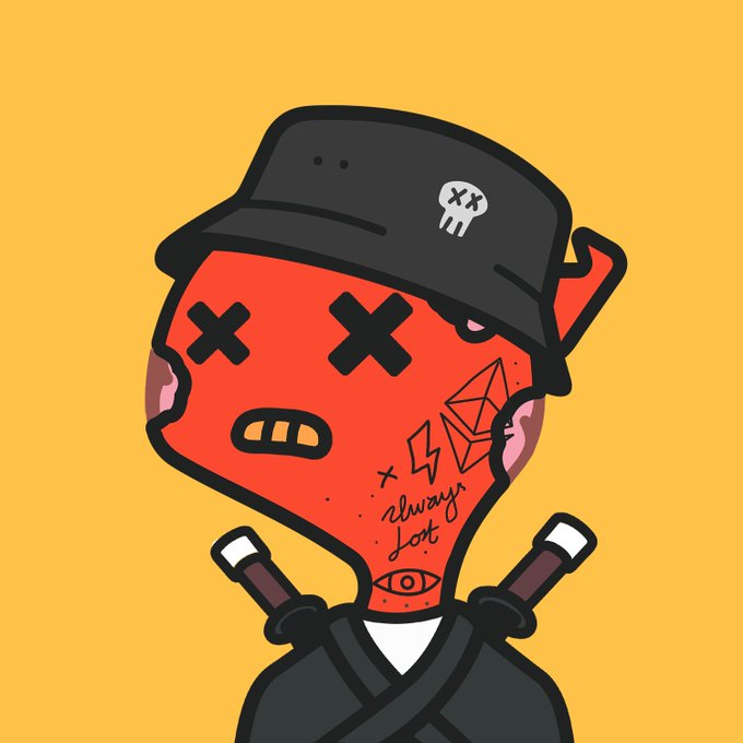 A cartoon illustration of a red character with X's for eyes, wearing a black cap with a skull logo, featuring tattoos including 'Always Lost' and an Ethereum logo.