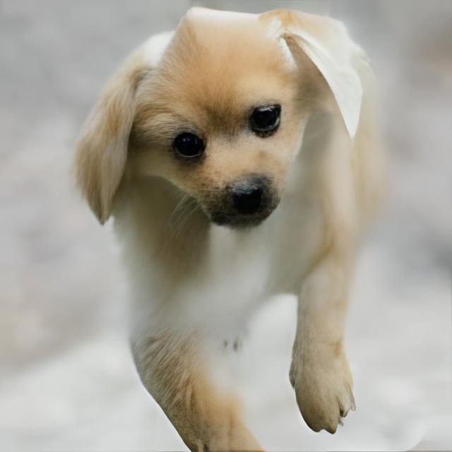 A close-up shot of a small, light brown and white puppy with floppy ears walking on a light surface.