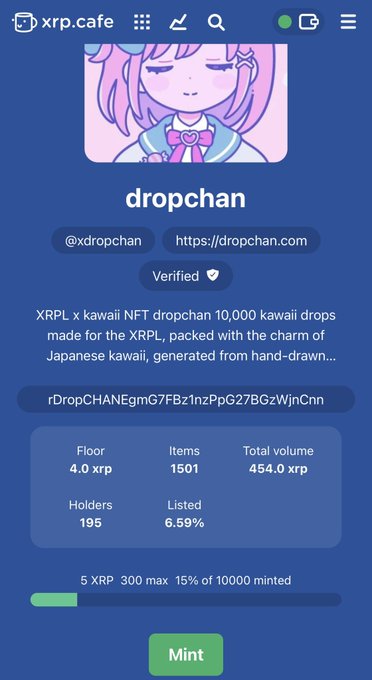 A screenshot of the xrp.cafe NFT platform showing the 'dropchan' collection page with a verified badge, 1501 items, 195 holders, and a floor price of 4.0 xrp.