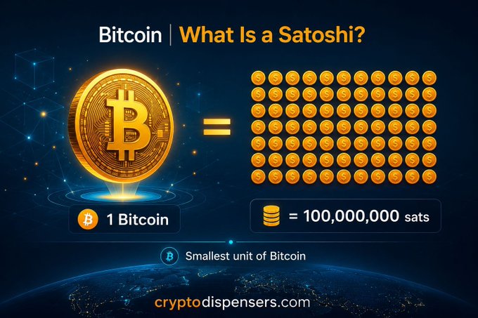 Infographic titled 'Bitcoin | What Is a Satoshi?' explaining that 1 Bitcoin equals 100,000,000 sats, branded by cryptodispensers.com.