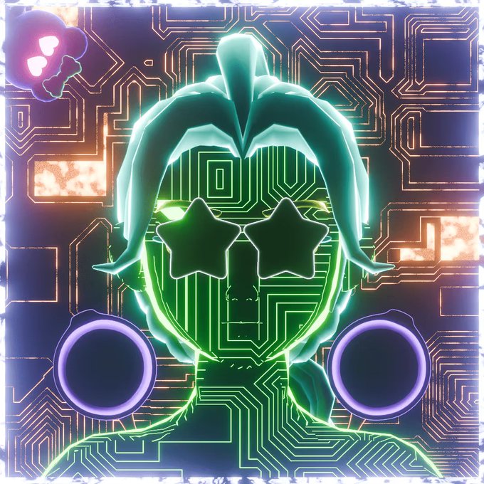 A glowing neon-green cyberpunk style character with star-shaped glasses and a circuit board background, flanked by two purple circular nodes, with a small purple skull-like icon in the upper left.