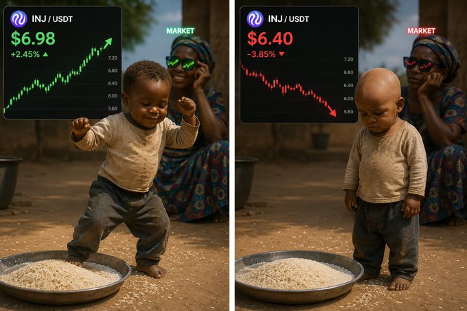 Side-by-side comparison image of a child dancing by a bowl of rice; the left shows INJ/USDT at $6.98 (+2.45%) with the child wearing green sunglasses, while the right shows INJ/USDT at $6.40 (-3.85%) with the child wearing red sunglasses and looking down.