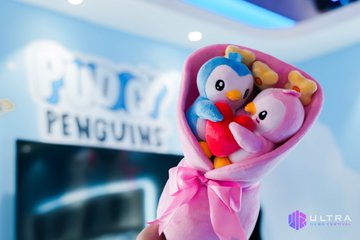A hand holds a pink bouquet of plush Pingu penguins with the text 'PINGU PENGUINS' visible in the background and an 'ULTRA' watermark.
