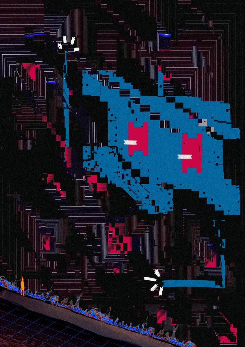 The image features a digital art piece with a blue background, which appears to be a computer-generated artwork or a 3D rendering of an object. The colors used are predominantly blue and red, creating a striking contrast against each other. There is also a small figure in the bottom left corner of the image, possibly representing a person or an animal. The post reads "FACETS XCOPY X SPELL", which could be a description of the artwork or a reference to the artist's name and their work style.