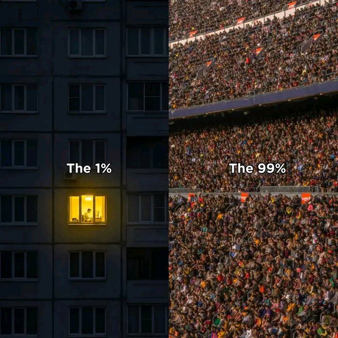 A split image contrasting wealth disparity: a single lit window labeled 'The 1%' in a dark apartment building on the left, and a massive stadium crowd labeled 'The 99%' on the right.