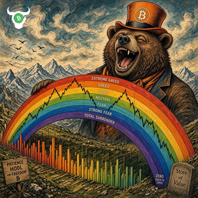A stylized illustration of a roaring bear wearing a Bitcoin top hat, standing before a rainbow that displays market sentiment levels ranging from 'EXTREME GREED' to 'TOTAL SURRENDER,' overlaid on a bar chart landscape with signs reading 'PATIENCE HODL → FREEDOM' and 'STORE OF VALUE.'