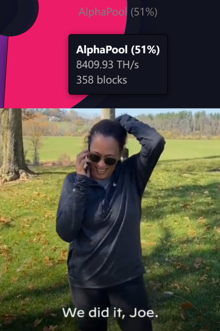 A woman wearing sunglasses smiles while talking on a phone in a park, captioned "We did it, Joe," below a graphic displaying "AlphaPool (51%)", "8409.93 TH/s", and "358 blocks."