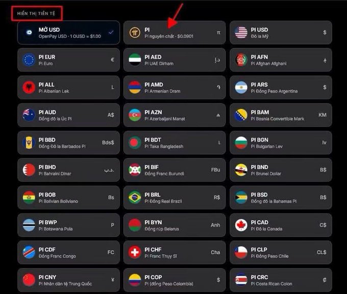 The image displays a currency selection menu on the OpenPay USD platform, with the "Pi" option highlighted by a red arrow, showing its exchange rate at $0.0901 alongside major global currencies like USD, EUR, AED, and others. This visual emphasizes Pi Network's integration as a recognized currency unit, supporting the post's claim of its emerging role in the digital payment sector.