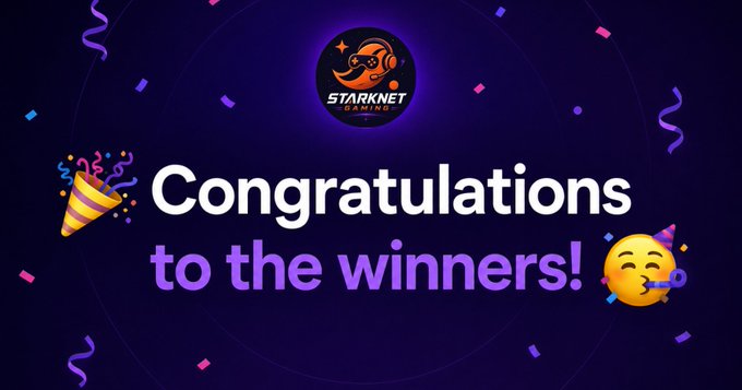 A 'Congratulations to the winners!' graphic for 'STARKNET GAMING' featuring a party popper, confetti, and a celebratory face emoji on a dark purple background.