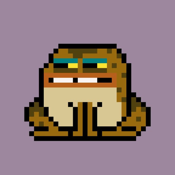 A pixel art illustration shows a brown frog with yellow eyes and a neutral expression sitting against a plain mauve/purple background.