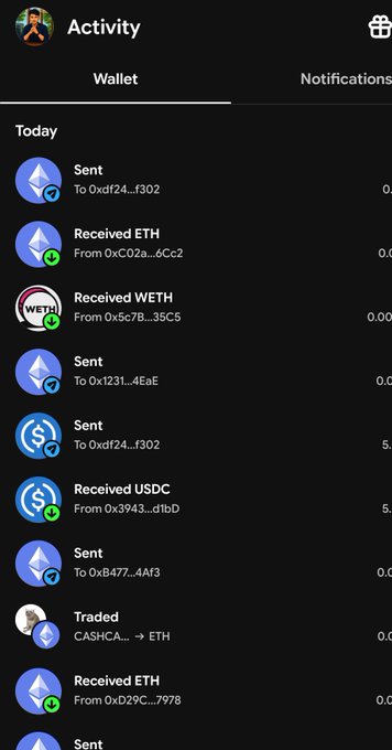 The image shows a dark-themed mobile crypto wallet activity screen displaying a "Today" transaction history on the Base ecosystem. The list includes multiple ETH, WETH, and USDC transfers sent and received from various addresses, along with a CASHCA→ETH trade entry. This log of on-chain activity visually illustrates the hands-on learning journey described in the caption, capturing a day of practical engagement with sending, receiving, and swapping tokens on Base.