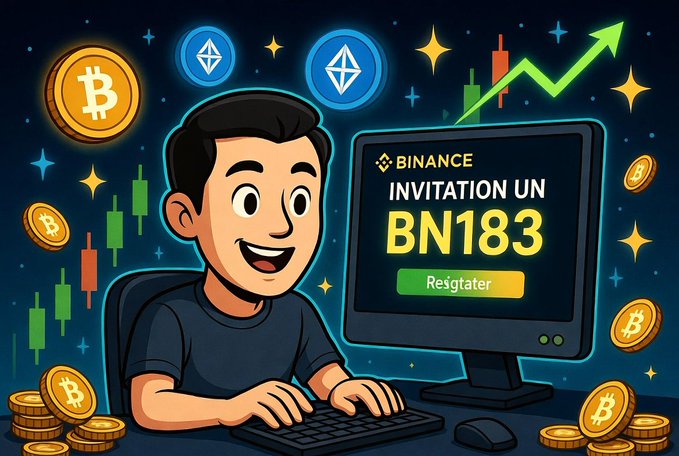 Cartoon illustration of a smiling man at a computer with a Binance logo on the screen displaying 'INVITATION UN BN183 Resgister', surrounded by floating Bitcoin coins and Ethereum logos.