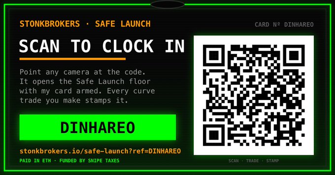 Stonkbrokers 'Safe Launch' card featuring a QR code with the reference 'DINHAREO', the text 'Scan to Clock In', and notes it is 'Paid in ETH • Funded by Snipe Taxes'.