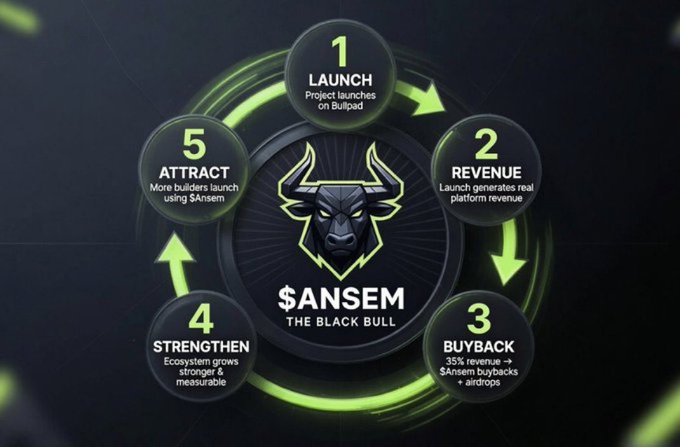 Infographic for '$ANSEM THE BLACK BULL' showing a 5-step circular flow: 1. Launch on Bullpad, 2. Revenue generated, 3. 35% revenue buybacks + airdrops, 4. Strengthen ecosystem, 5. Attract more builders using $ANsem.