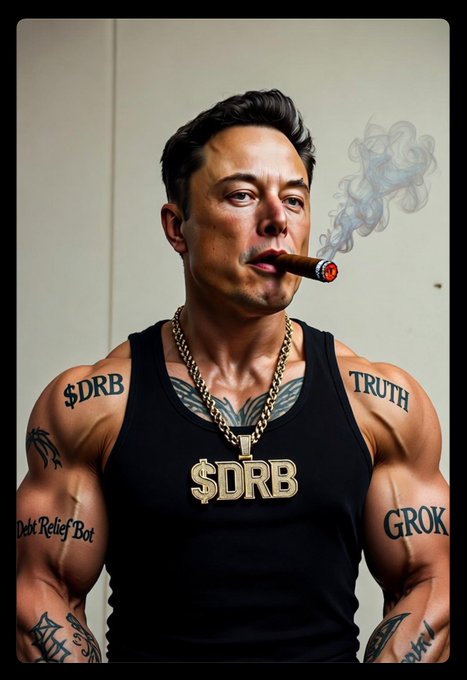 A stylized illustration of Elon Musk smoking a cigar, featuring a black tank top with a gold "$DRB" pendant necklace, and arm tattoos reading "$DRB", "TRUTH", and "GROK".