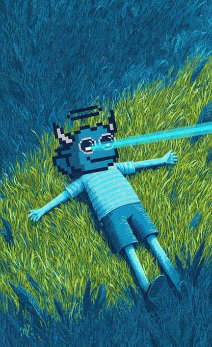 An artistic image of a figure lying in grass with a blue, pixelated TV-head character design, featuring a glowing blue beam coming from its mouth.