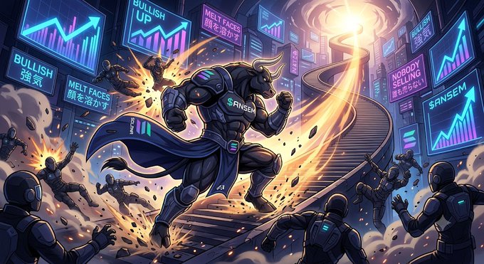 A muscular bull in armor emblazoned with "$ANSEM" charges up a staircase surrounded by fleeing bears and chaotic screens flashing "BULLISH UP," "MELT FACES," and "NOBODY SELLING," visually dramatizing how panic-selling hands bags over to whales. The aggressive upward surge of the bull embodies the post's warning not to capitulate and let others profit from your losses.