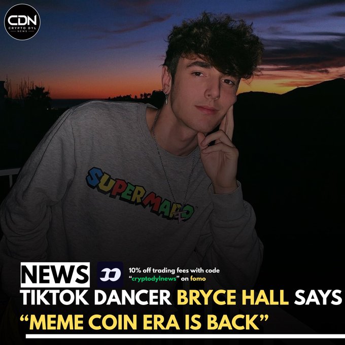 A Crypto Daily News (CDN) graphic featuring TikTok dancer Bryce Hall wearing a gray 'SUPERMARIO' sweatshirt at sunset, with a headline stating 'TIKTOK DANCER BRYCE HALL SAYS "MEME COIN ERA IS BACK"'.
