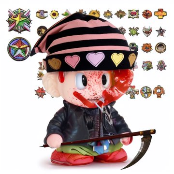 A creepy clown figurine wearing a pink and black striped beanie decorated with hearts, a black leather jacket, and holding a scythe, with red blood-like substance on its face and surrounded by various badge icons.