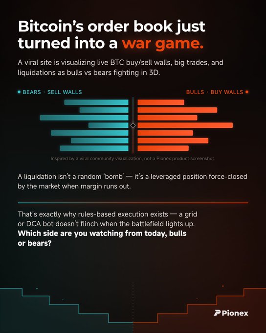 The image is a Pionex advertisement featuring a stylized visualization of Bitcoin's order book depicted as "bulls vs bears" — with teal sell walls (bears) on the left and orange buy walls (bulls) on the right — accompanied by text explaining that liquidations aren't random bombs but leveraged positions force-closed when margin runs out, promoting the use of rules-based bots like grid or DCA trading to remain steady during market volatility.