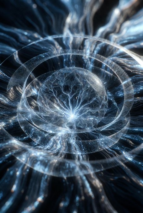 An abstract digital artwork featuring a glowing blue orb surrounded by intricate tree-like branching patterns and concentric circular elements with radiating energy.