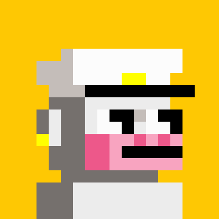 A pixel art image featuring a gray and white character with yellow accents and pink elements, set against a bright yellow background.