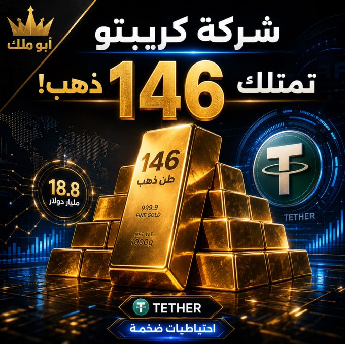 A digital advertisement in Arabic featuring stacked gold bars with text promoting '146 طن ذهب' (146 tons of gold) and '18.8 مليار دولار', alongside Tether logos.