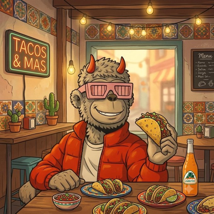 An illustrated furry/grey character with red horns and pink shutter shades eats a taco in a Mexican restaurant setting, with a neon "TACOS & MAS" sign and a "JARRITOS" soda bottle on the table.