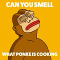 Meme image of a monkey with the text 'CAN YOU SMELL' at the top and 'WHAT PONKE IS COOKING' at the bottom.