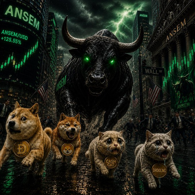A massive black bull with glowing green eyes charges down Wall Street beneath stormy skies, trampling past a Doge, a Shiba Inu, and two meme cats labeled "CASH CAT" and "DROOLING" while green screens display "ANSEM/USD +125.55%"—visually illustrating the post's claim that $ANSEM is the bull destined to flip cats and dogs.
