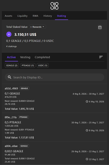 A crypto staking dashboard displaying a Total Staked Value of 3,150.51 US$ with active stakings including 0.1 GEAGLE, 0.5 PTEAGLE, and 0.022 GEAGLE across various lock-up periods.