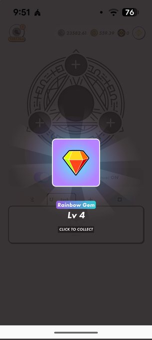 iphone screen displays a game interface with a purple diamond, rainbow gem, and "Rainbow Gem" button, accompanied by a "Lvl 4" label.