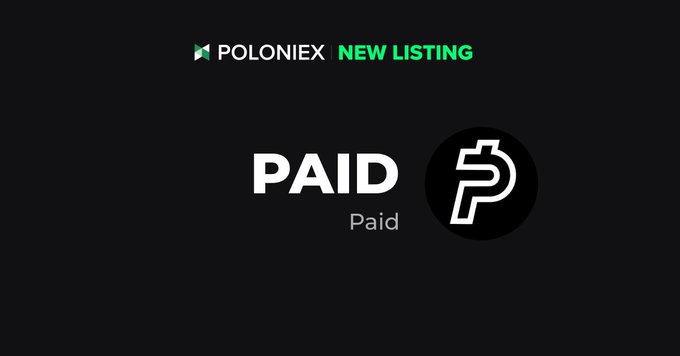 A graphic announcing a 'POLONIEX NEW LISTING' for the cryptocurrency 'PAID' on a dark background, featuring a stylized black and white 'P' logo.