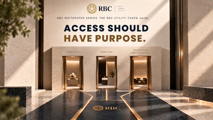 Promotional image for RBC's whitepaper series titled "THE RBC UTILITY TOKEN 04/09" with the headline "ACCESS SHOULD HAVE PURPOSE," showing a luxurious lobby with three doorways labeled "PRODUCTS," "SERVICES," and "ECOSYSTEM PARTICIPATION."