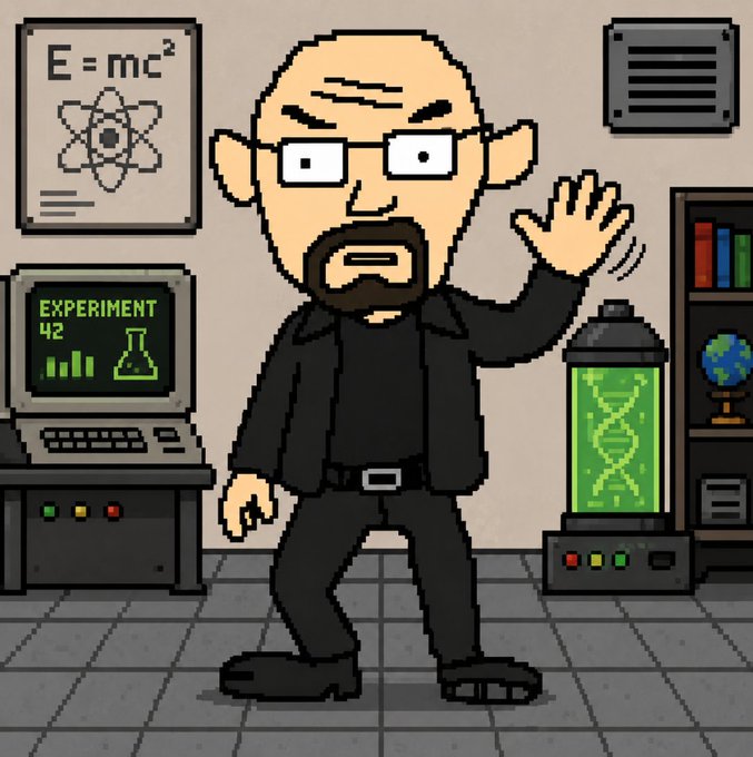 "The Pixelberg Lab has been activated CA soon... #memecoin #crypro #solana". The image features a cartoon man with glasses, standing in front of a computer monitor that displays the words "experiment 42" on its screen. This suggests that the lab is currently conducting an experiment or research project related to the number 42.