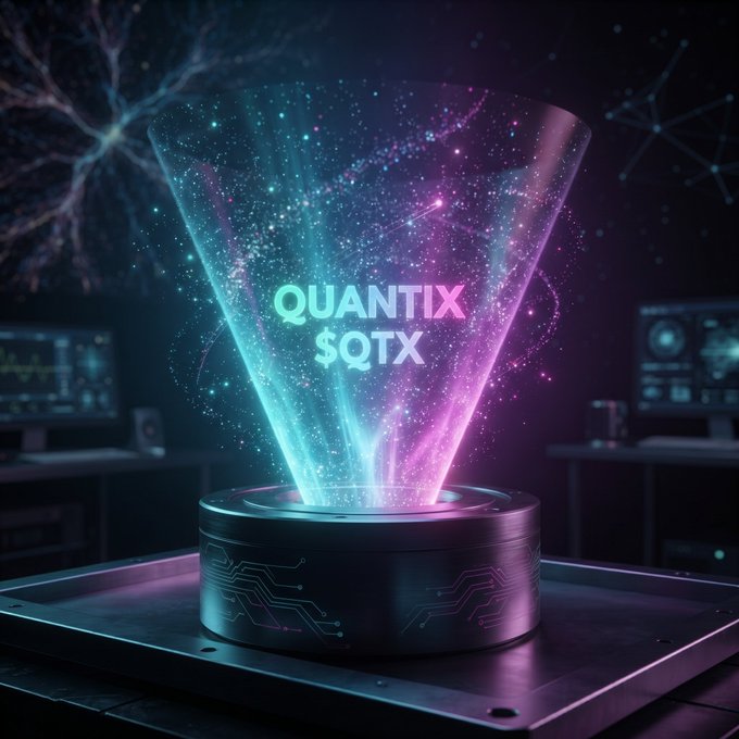 A futuristic holographic display projects 'QUANTIX SQTX' in glowing cyan and pink letters from a metallic base, set against a dark sci-fi background.
