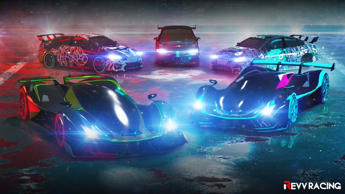 Five high-performance race cars with illuminated headlights face forward in a dramatic nighttime lineup, accompanied by the "REVV RACING" logo in the bottom right corner. The image visually embodies the post's call to action by showcasing the sleek, customizable vehicles players can pilot in REVV Racing 2.0 to compete for the top podium position.