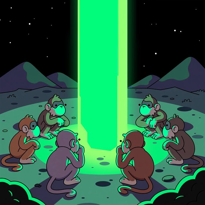 Cartoon illustration showing five monkeys sitting in a circle around a glowing green beam of light emanating from the ground at night.