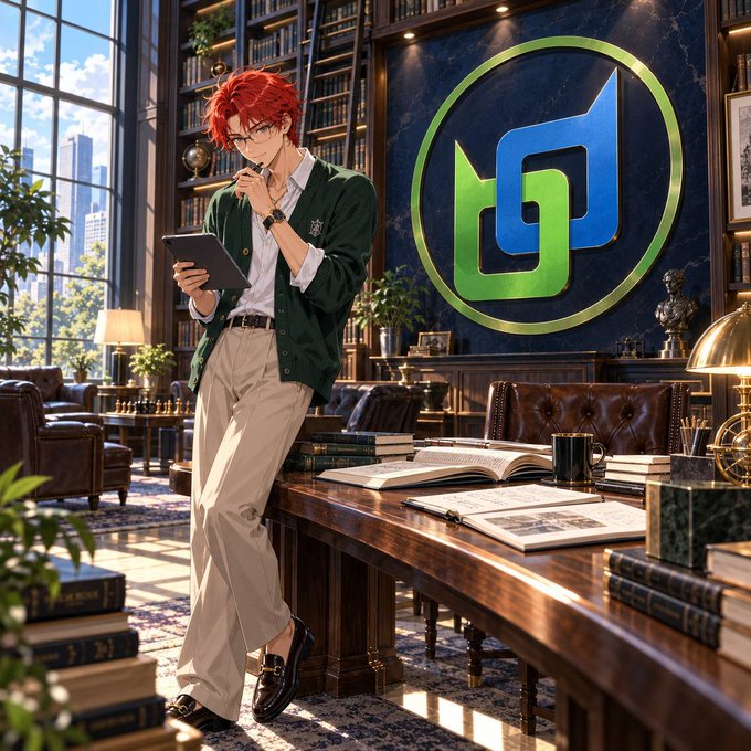 An anime-style illustration depicts a red-haired young man with glasses leaning against a desk in a grand, book-lined library, holding a tablet, with a large stylized blue and green logo mounted on the wall behind him.