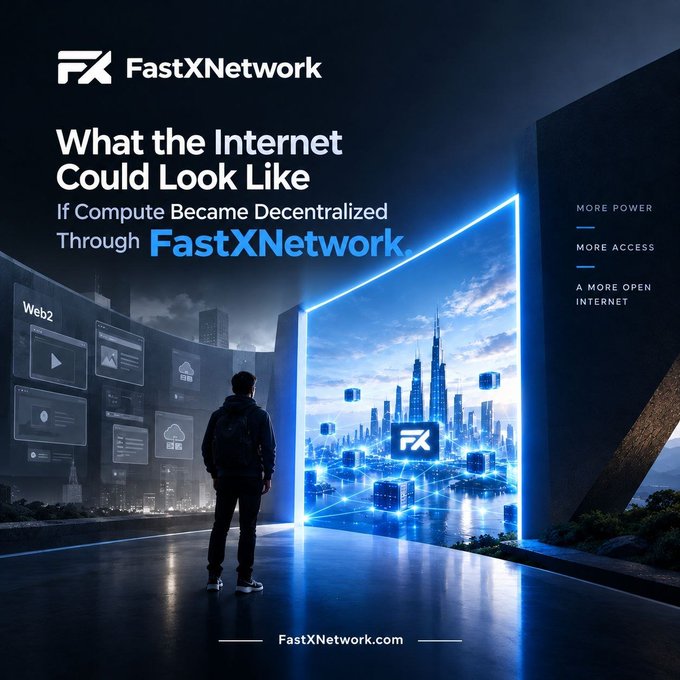 A promotional graphic for 'FX FastXNetwork' shows a person standing before a glowing portal revealing a futuristic cityscape, with text reading 'What the Internet Could Look Like' and 'FastXNetwork.com'.